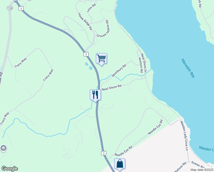 map of restaurants, bars, coffee shops, grocery stores, and more near 8 Neal Shore Road in Meredith