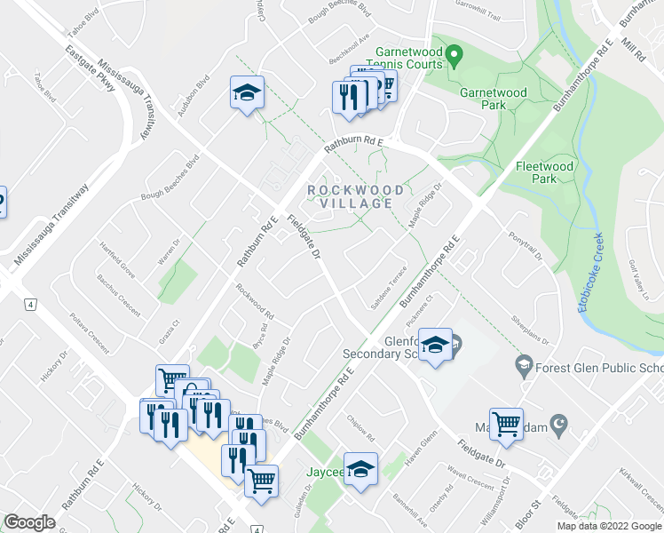 map of restaurants, bars, coffee shops, grocery stores, and more near in Mississauga