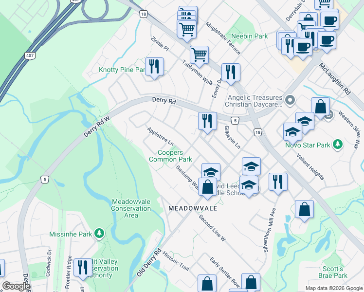 map of restaurants, bars, coffee shops, grocery stores, and more near 7107 Appletree Lane in Mississauga
