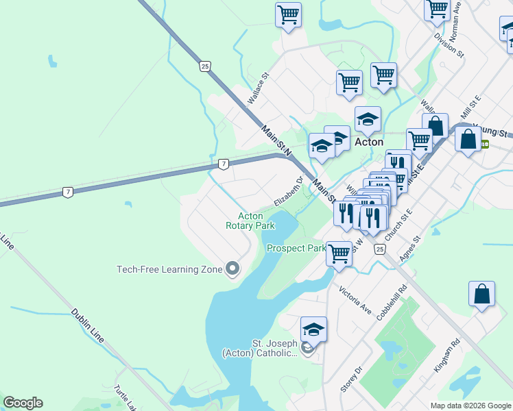 map of restaurants, bars, coffee shops, grocery stores, and more near 73 Elizabeth Drive in Acton