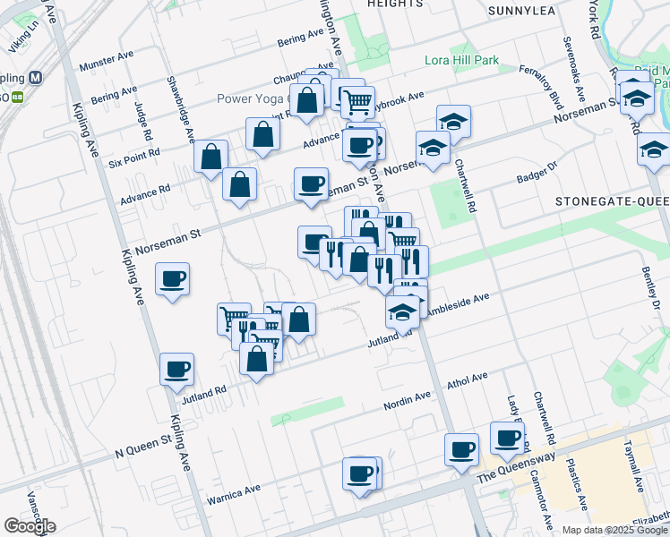 map of restaurants, bars, coffee shops, grocery stores, and more near 30 Titan Road in Toronto