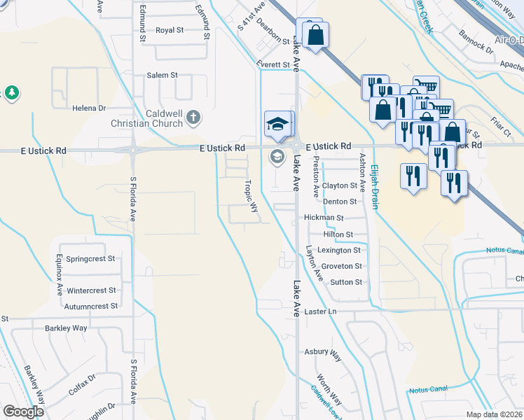 map of restaurants, bars, coffee shops, grocery stores, and more near 4408 South Lake Avenue in Caldwell