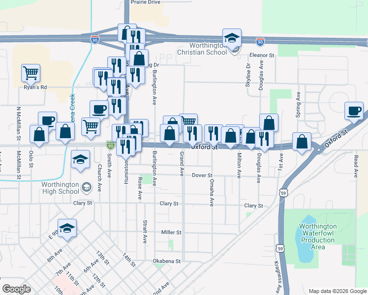 map of restaurants, bars, coffee shops, grocery stores, and more near 1585 Grand Avenue in Worthington
