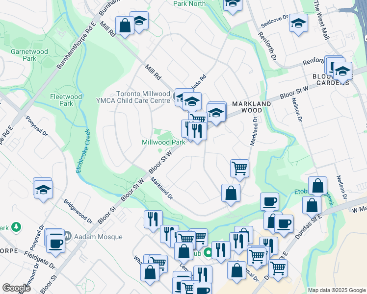 map of restaurants, bars, coffee shops, grocery stores, and more near 4345 Bloor Street West in Toronto