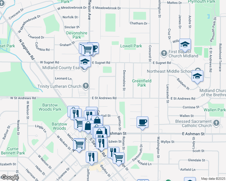 map of restaurants, bars, coffee shops, grocery stores, and more near 305 East Saint Andrews Road in Midland