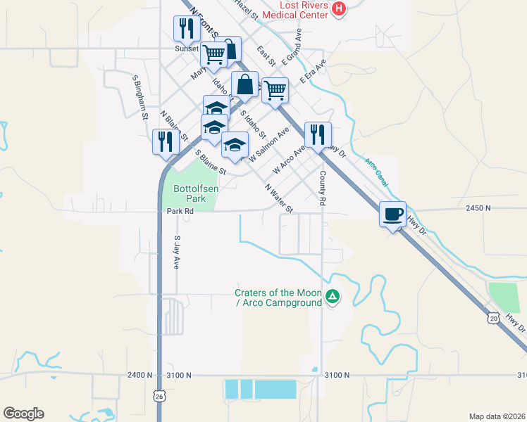 map of restaurants, bars, coffee shops, grocery stores, and more near 620-642 S Thelma Ave in Arco