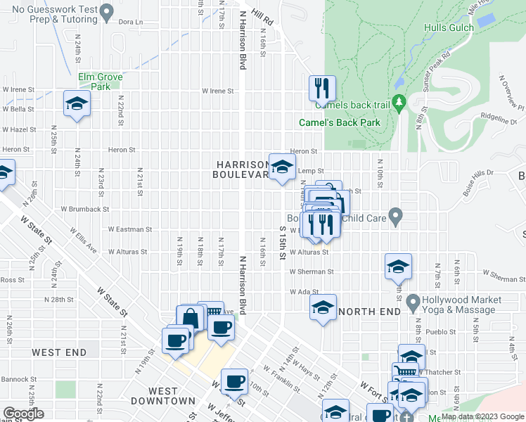 map of restaurants, bars, coffee shops, grocery stores, and more near North 16th Street in Boise