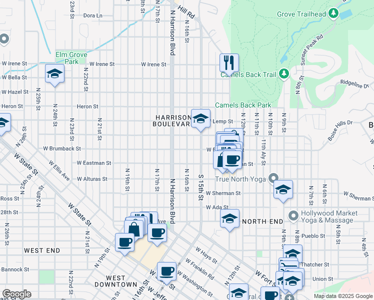 map of restaurants, bars, coffee shops, grocery stores, and more near North 16th Street in Boise