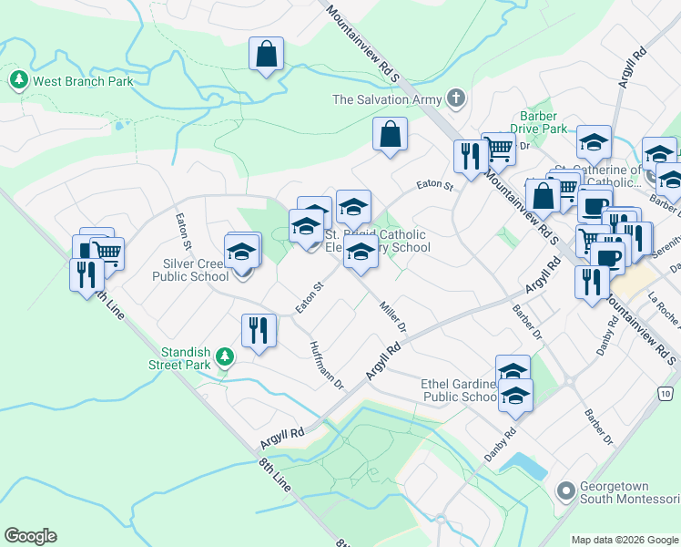 map of restaurants, bars, coffee shops, grocery stores, and more near 39 Miller Drive in Halton Hills