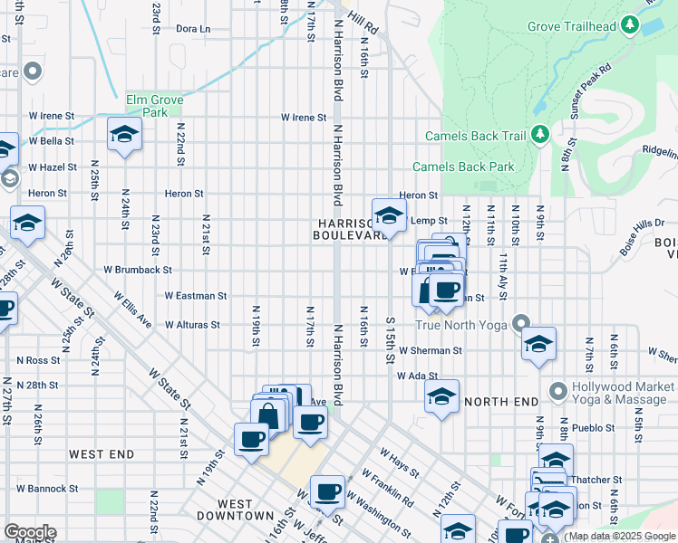 map of restaurants, bars, coffee shops, grocery stores, and more near West Brumback Street in Boise