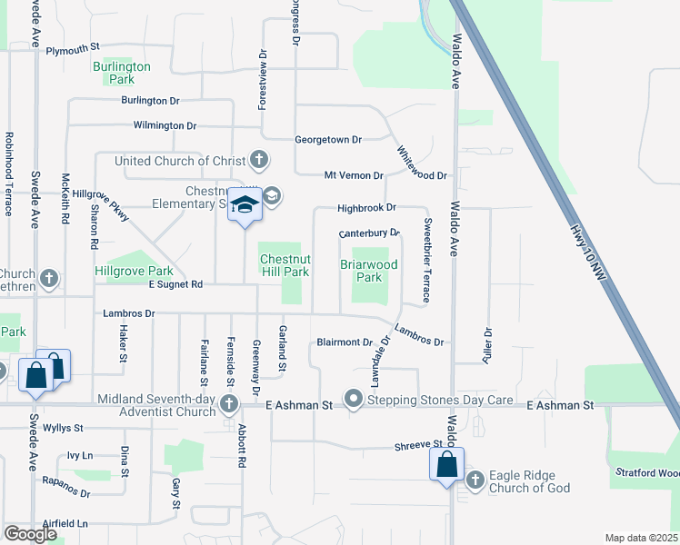 map of restaurants, bars, coffee shops, grocery stores, and more near 3604 Greenbrier Terrace in Midland