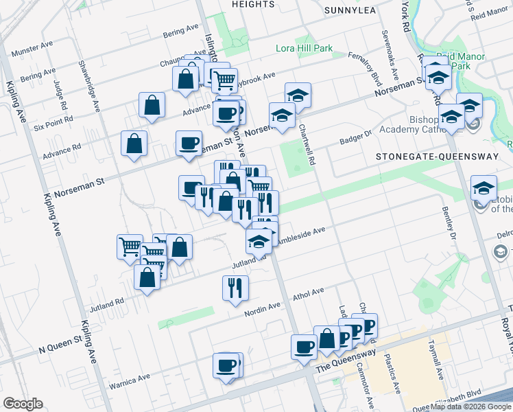 map of restaurants, bars, coffee shops, grocery stores, and more near 1020 Islington Avenue in Toronto