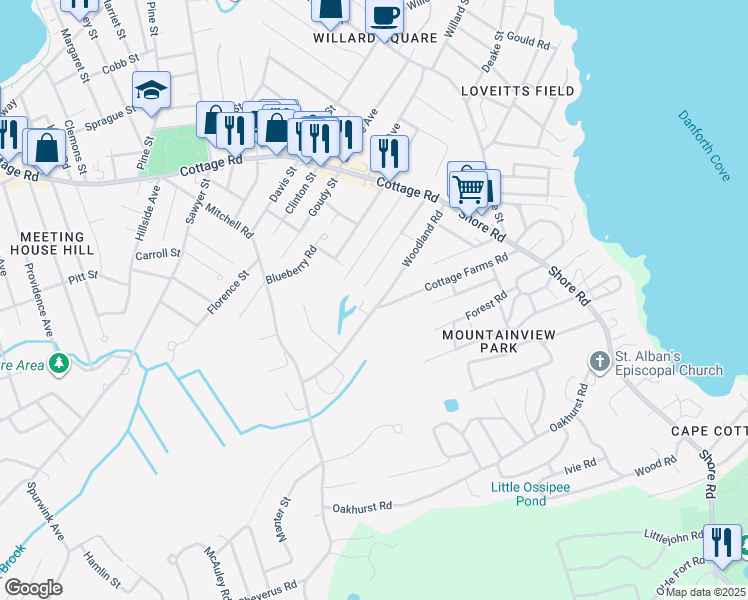 map of restaurants, bars, coffee shops, grocery stores, and more near 52 Woodland Road in Cape Elizabeth