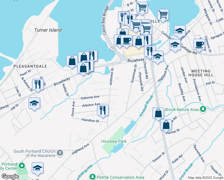 map of restaurants, bars, coffee shops, grocery stores, and more near 99 Anthoine Street in South Portland