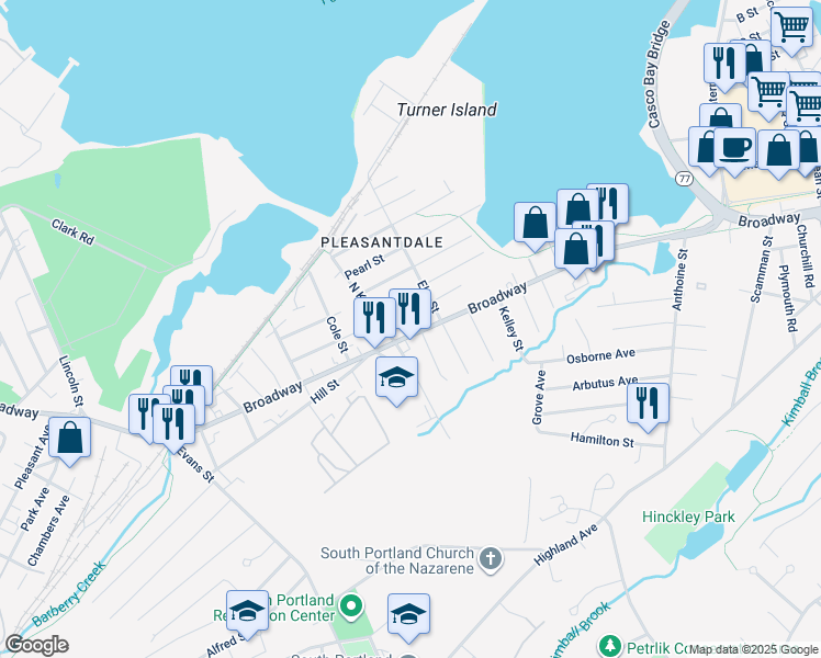 map of restaurants, bars, coffee shops, grocery stores, and more near 918 Broadway in South Portland