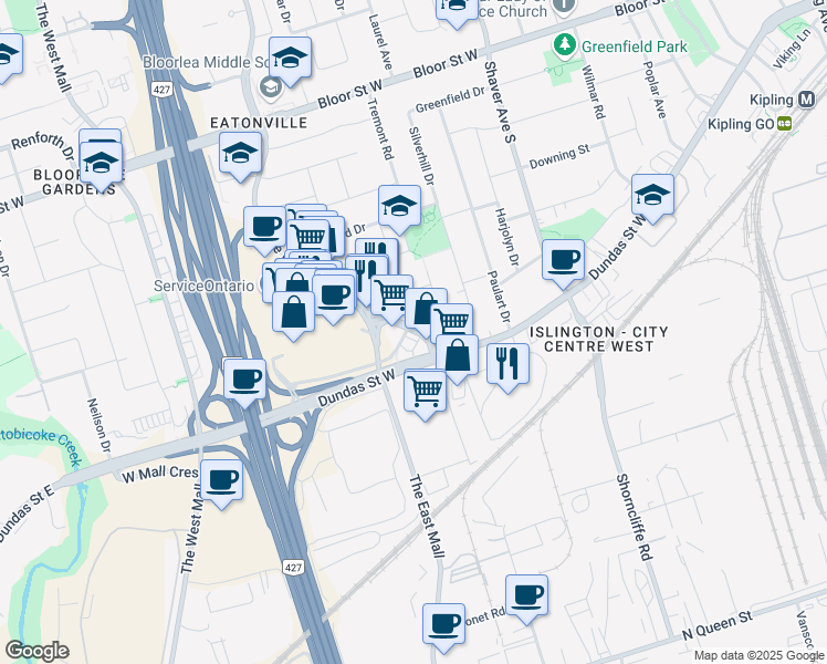 map of restaurants, bars, coffee shops, grocery stores, and more near 2 The East Mall Crescent in Toronto