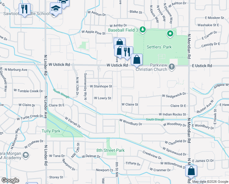 map of restaurants, bars, coffee shops, grocery stores, and more near 2863 Northwest 8th Avenue in Meridian
