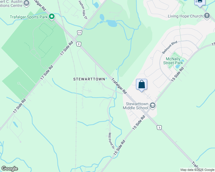 map of restaurants, bars, coffee shops, grocery stores, and more near 25 Stewarttown Road in Halton Hills