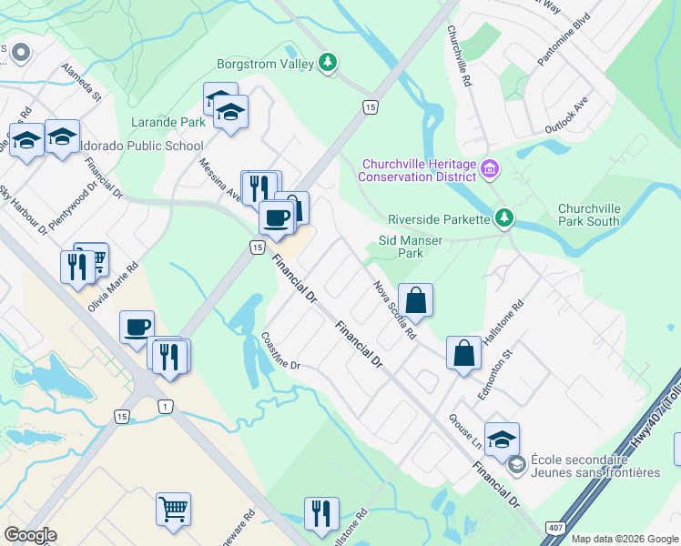 map of restaurants, bars, coffee shops, grocery stores, and more near 31 Fogerty Street in Brampton