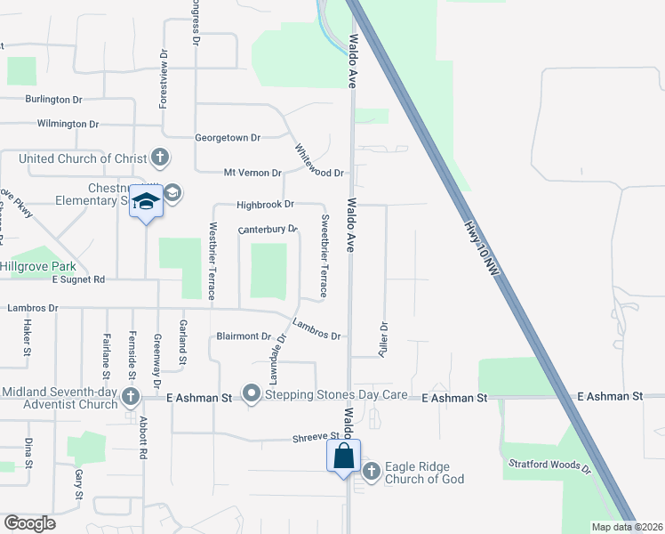 map of restaurants, bars, coffee shops, grocery stores, and more near 3605 Waldo Avenue in Midland