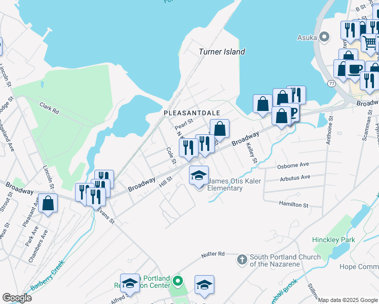map of restaurants, bars, coffee shops, grocery stores, and more near 918 Broadway in South Portland