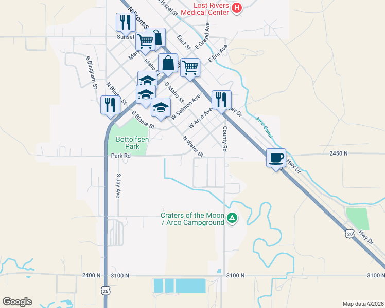 map of restaurants, bars, coffee shops, grocery stores, and more near 642 S Thelma Ave in Arco