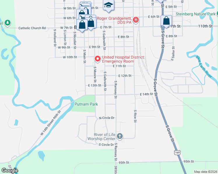 map of restaurants, bars, coffee shops, grocery stores, and more near 227 East 14th Street in Blue Earth