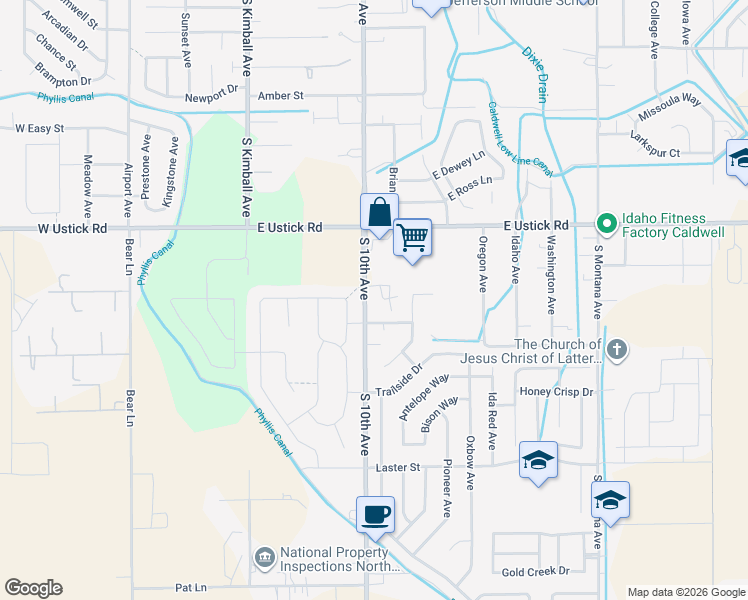 map of restaurants, bars, coffee shops, grocery stores, and more near 4321 South 10th Avenue in Caldwell