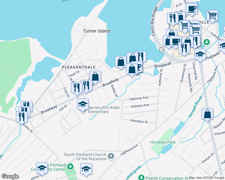 map of restaurants, bars, coffee shops, grocery stores, and more near 39 Kelley Street in South Portland