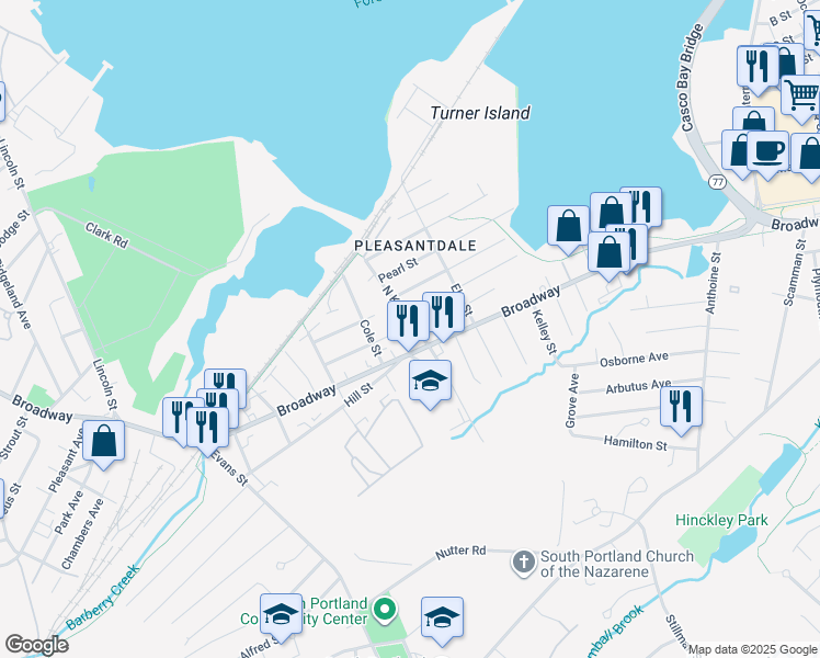 map of restaurants, bars, coffee shops, grocery stores, and more near 918 Broadway in South Portland