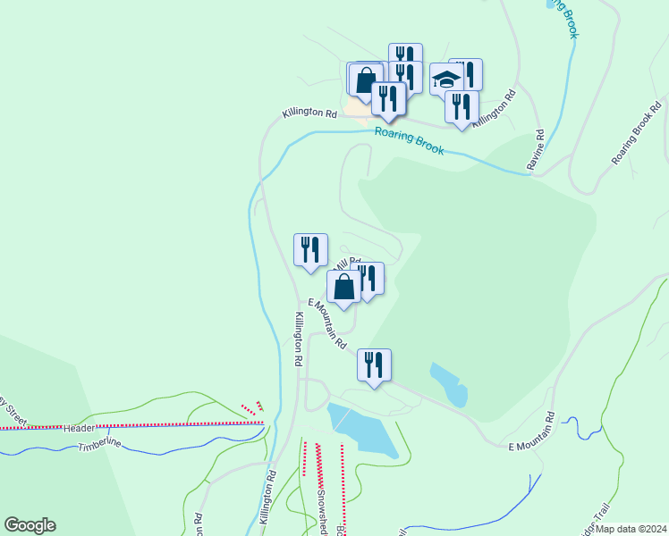 map of restaurants, bars, coffee shops, grocery stores, and more near 58 Old Mill Road in Killington