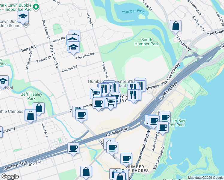map of restaurants, bars, coffee shops, grocery stores, and more near 36 Park Lawn Road in Toronto