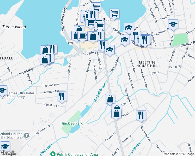 map of restaurants, bars, coffee shops, grocery stores, and more near 196 Highland Avenue in South Portland