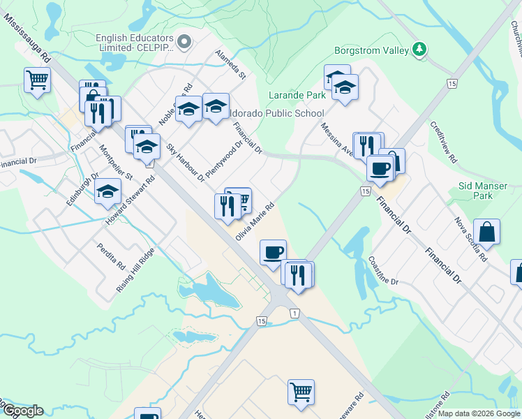 map of restaurants, bars, coffee shops, grocery stores, and more near 1 Merrickville Way in Brampton