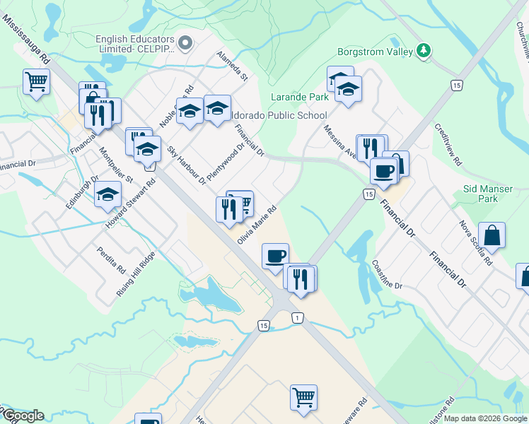 map of restaurants, bars, coffee shops, grocery stores, and more near 1 Merrickville Way in Brampton