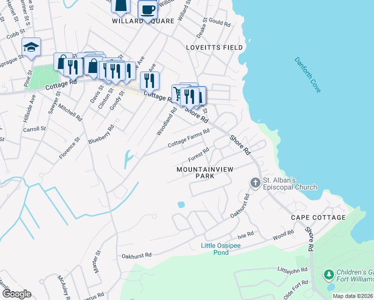 map of restaurants, bars, coffee shops, grocery stores, and more near 14 Elmwood Road in Cape Elizabeth