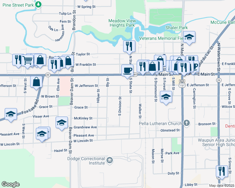 map of restaurants, bars, coffee shops, grocery stores, and more near 200 West Brown Street in Waupun