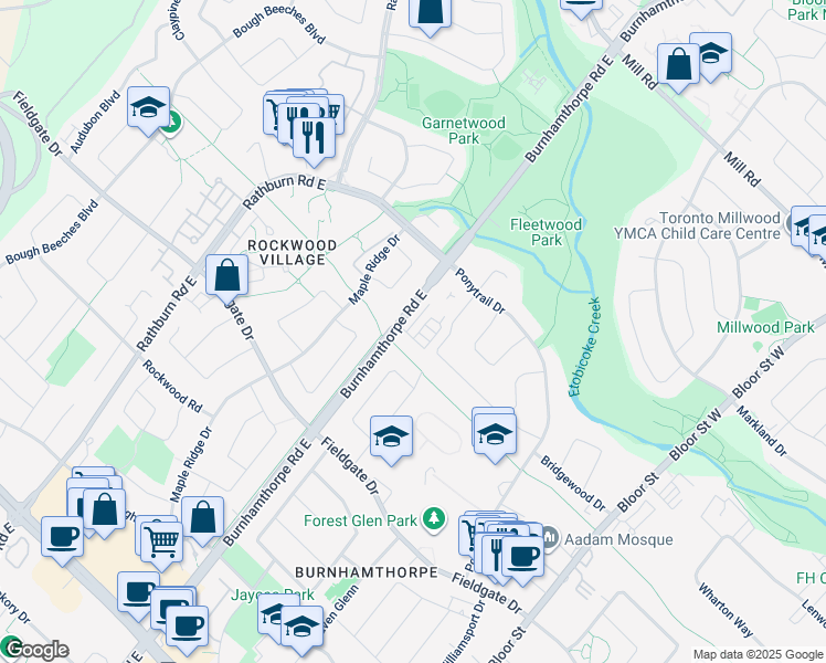 map of restaurants, bars, coffee shops, grocery stores, and more near 1812 Burnhamthorpe Road East in Mississauga