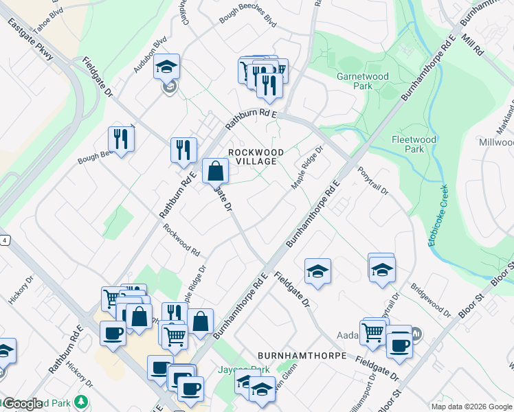 map of restaurants, bars, coffee shops, grocery stores, and more near 1700 Branchwood Park in Mississauga
