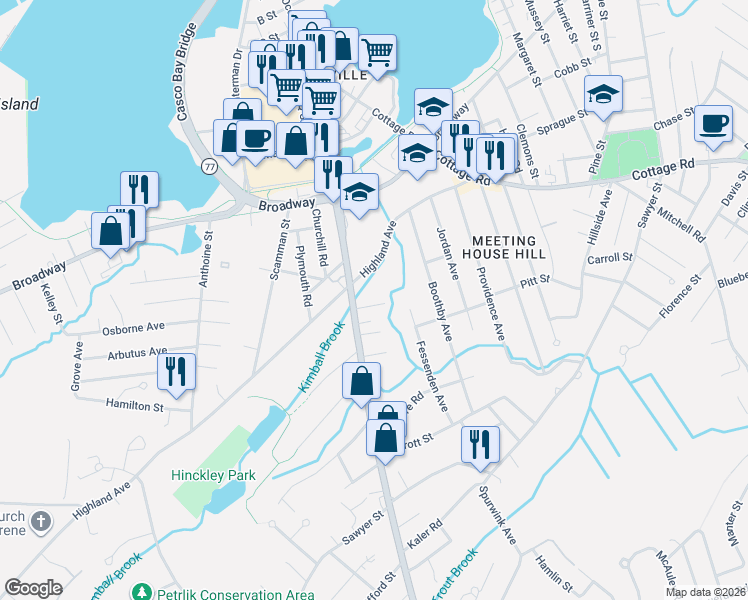 map of restaurants, bars, coffee shops, grocery stores, and more near 340 Ocean Street in South Portland