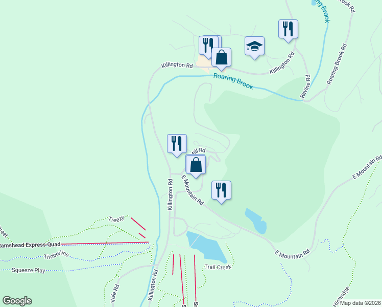 map of restaurants, bars, coffee shops, grocery stores, and more near 58 Old Mill Road in Killington