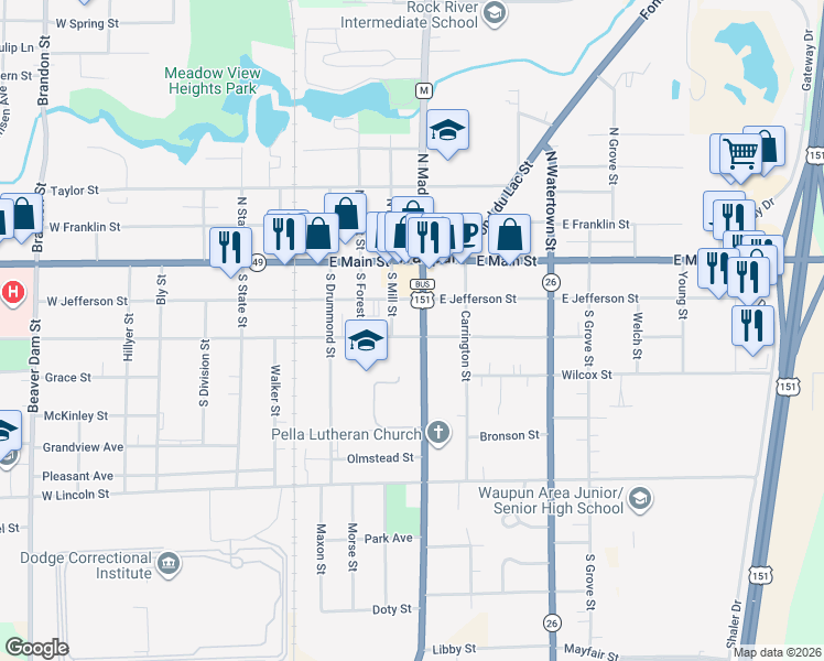 map of restaurants, bars, coffee shops, grocery stores, and more near 215 South Madison Street in Waupun
