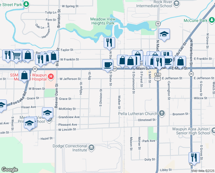 map of restaurants, bars, coffee shops, grocery stores, and more near 206 South State Street in Waupun