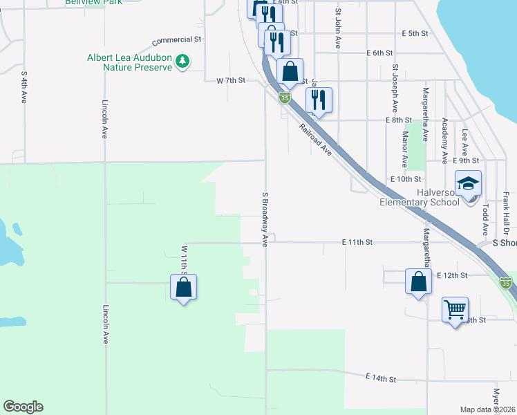 map of restaurants, bars, coffee shops, grocery stores, and more near 1660 South Broadway Avenue in Albert Lea