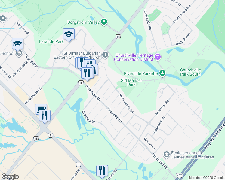 map of restaurants, bars, coffee shops, grocery stores, and more near 71 Nova Scotia Road in Brampton