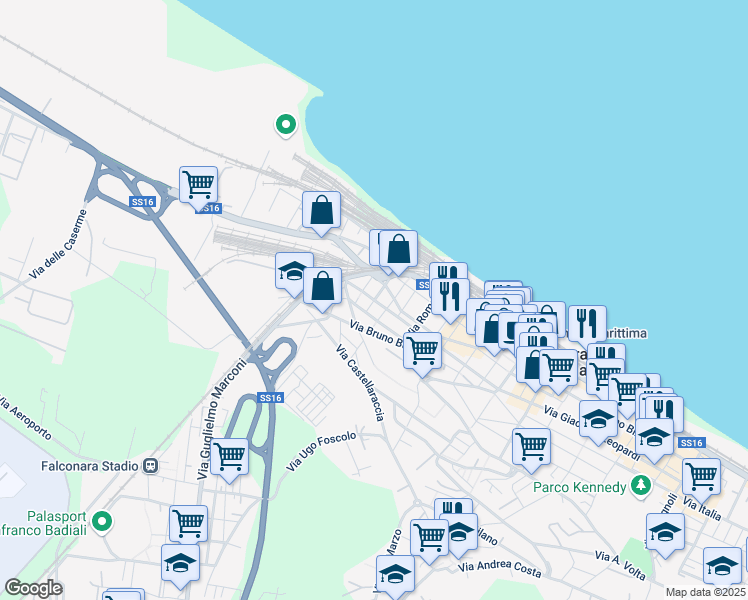 map of restaurants, bars, coffee shops, grocery stores, and more near 9A Via Arturo Donaggio in Falconara Marittima