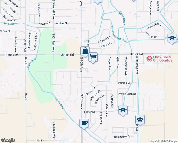 map of restaurants, bars, coffee shops, grocery stores, and more near 622 East Ustick Road in Caldwell