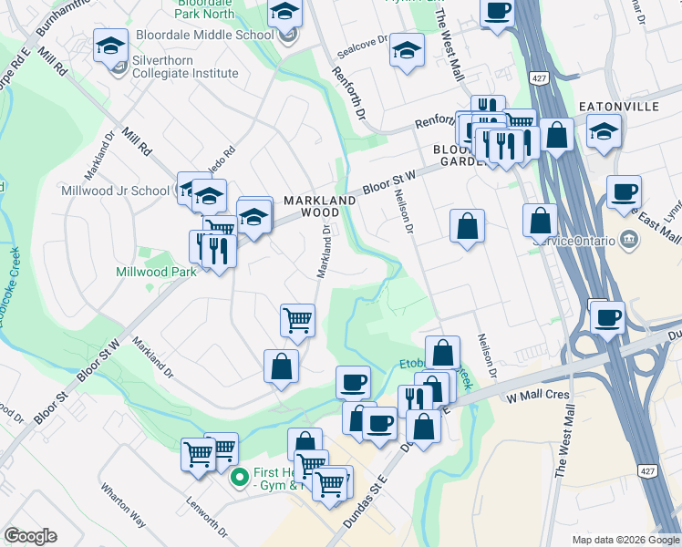 map of restaurants, bars, coffee shops, grocery stores, and more near 7 Treeline Court in Toronto