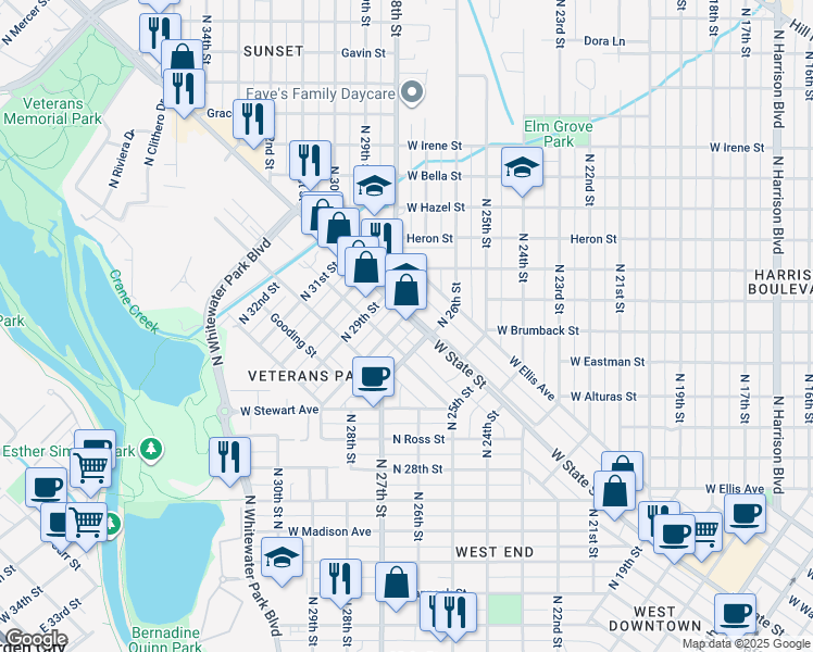 map of restaurants, bars, coffee shops, grocery stores, and more near 2620 West State Street in Boise