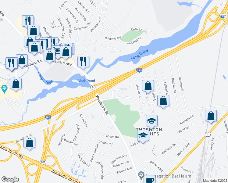 map of restaurants, bars, coffee shops, grocery stores, and more near 19 Glen Way in South Portland